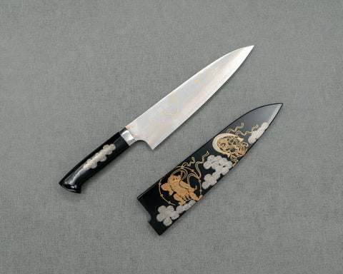 Takeshi Saji Aogami #2 Colored Damascus Maki-e Art "Raijin and Fujin" 210mm Gyuto with Urushi Lacquered Handle and Saya