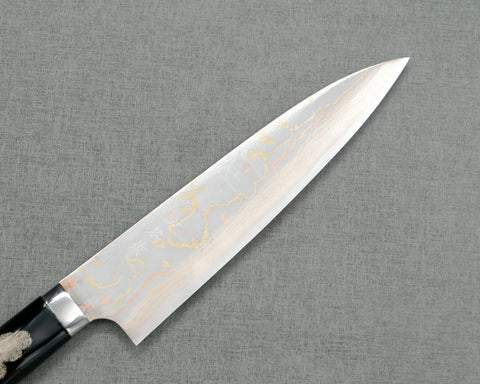 Takeshi Saji Aogami #2 Colored Damascus Maki-e Art "Raijin and Fujin" 210mm Gyuto with Urushi Lacquered Handle and Saya