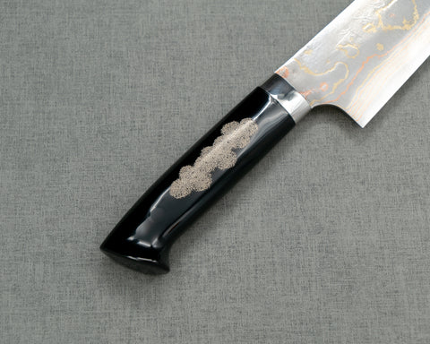 Takeshi Saji Aogami #2 Colored Damascus Maki-e Art "Raijin and Fujin" 210mm Gyuto with Urushi Lacquered Handle and Saya