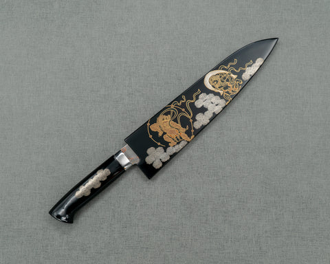 Takeshi Saji Aogami #2 Colored Damascus Maki-e Art "Raijin and Fujin" 210mm Gyuto with Urushi Lacquered Handle and Saya