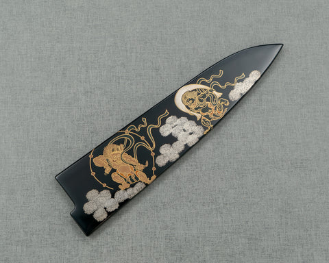 Takeshi Saji Aogami #2 Colored Damascus Maki-e Art "Raijin and Fujin" 210mm Gyuto with Urushi Lacquered Handle and Saya