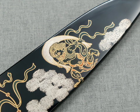 Takeshi Saji Aogami #2 Colored Damascus Maki-e Art "Raijin and Fujin" 210mm Gyuto with Urushi Lacquered Handle and Saya