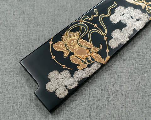 Takeshi Saji Aogami #2 Colored Damascus Maki-e Art "Raijin and Fujin" 210mm Gyuto with Urushi Lacquered Handle and Saya