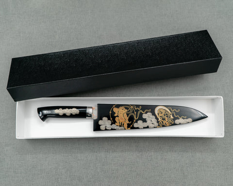 Takeshi Saji Aogami #2 Colored Damascus Maki-e Art "Raijin and Fujin" 210mm Gyuto with Urushi Lacquered Handle and Saya