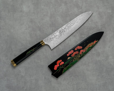 Takeshi Saji R2/SG2 Damascus 210mm Gyuto with Maki-e Art (Mount Fuji) Handle and Saya
