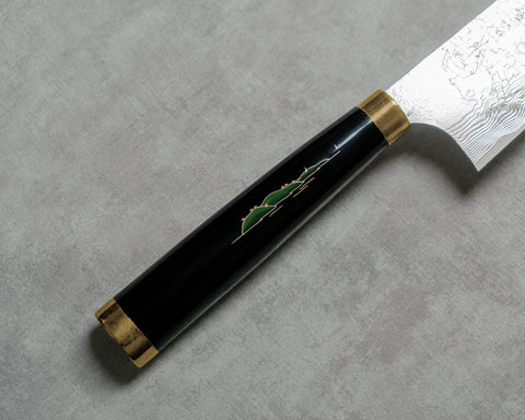 Takeshi Saji R2/SG2 Damascus 210mm Gyuto with Maki-e Art (Mount Fuji) Handle and Saya