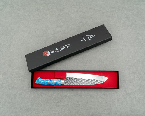 Takeshi Saji STRIX Mirror Tsuchime 175mm Santoku with Sea Wave Acrylic Handle