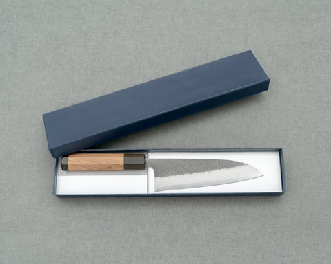 Yoshikane Shirogami #2 Kurouchi Tsuchime 165mm Santoku with Enju Handle
