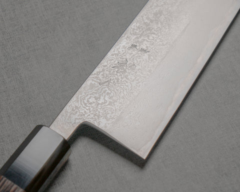 Hatsukokoro / Miyazaki Kajiya Ginsan (Silver #3) Damascus 220mm Gyuto with Wenge Buffalo Horn Handle