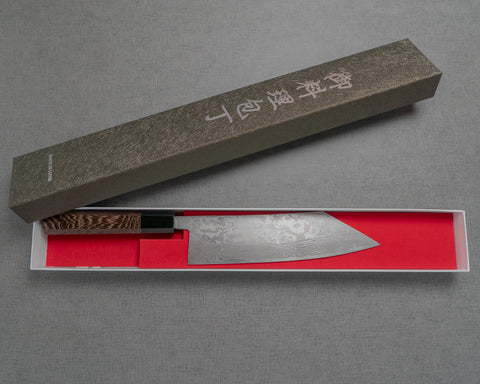 Hatsukokoro / Miyazaki Kajiya "Tsubaki" ATS-34 Damascus 200mm Kirtsuke Gyuto with Wenge Buffalo Horn Handle