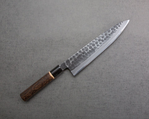 Hinoura "Ajikataya" Shirogami #2 Kurouchi Tsuchime 240mm Gyuto with Charred Chestnut / Buffalo Horn Handle