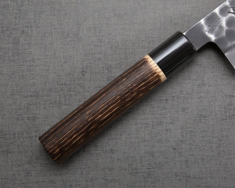 Hinoura "Ajikataya" Shirogami #2 Kurouchi Tsuchime 240mm Gyuto with Charred Chestnut / Buffalo Horn Handle