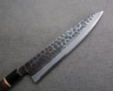 Hinoura "Ajikataya" Shirogami #2 Kurouchi Tsuchime 240mm Gyuto with Charred Chestnut / Buffalo Horn Handle
