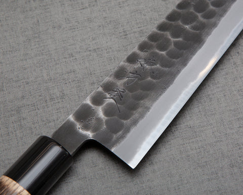 Hinoura "Ajikataya" Shirogami #2 Kurouchi Tsuchime 240mm Gyuto with Charred Chestnut / Buffalo Horn Handle