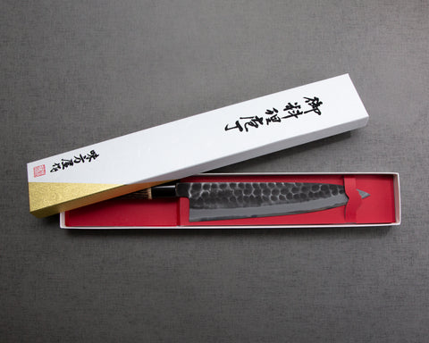 Hinoura "Ajikataya" Shirogami #2 Kurouchi Tsuchime 240mm Gyuto with Charred Chestnut / Buffalo Horn Handle