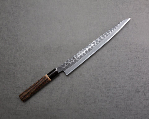 Hinoura "Ajikataya" Shirogami #2 Kurouchi Tsuchime 270mm Sujihiki with Charred Chestnut / Buffalo Horn Handle