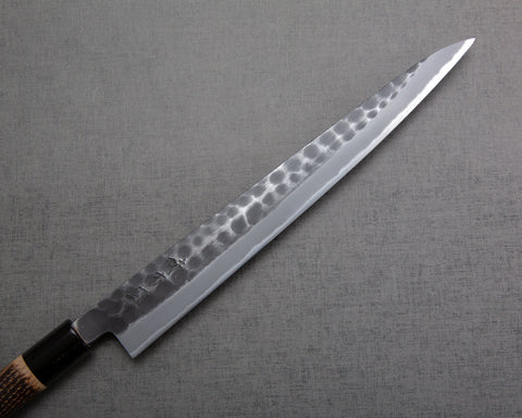 Hinoura "Ajikataya" Shirogami #2 Kurouchi Tsuchime 270mm Sujihiki with Charred Chestnut / Buffalo Horn Handle