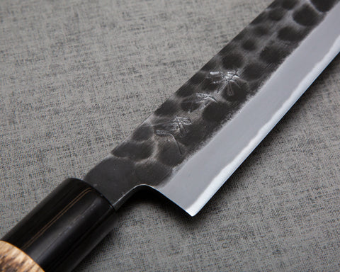 Hinoura "Ajikataya" Shirogami #2 Kurouchi Tsuchime 270mm Sujihiki with Charred Chestnut / Buffalo Horn Handle