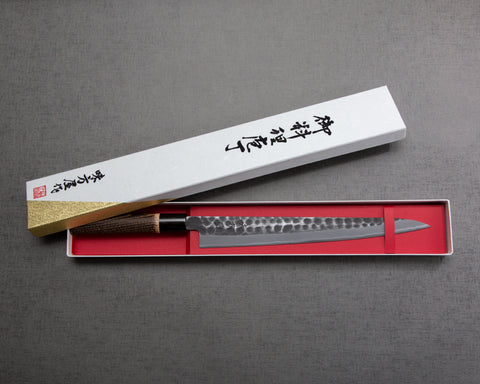 Hinoura "Ajikataya" Shirogami #2 Kurouchi Tsuchime 270mm Sujihiki with Charred Chestnut / Buffalo Horn Handle