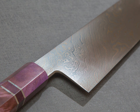 Shoichi Hashimoto "Tobikumo" Aogami #2 / Shirogami #2 Coreless Twisted Damascus 240mm Gyuto with Violet Stablized Wood Handle