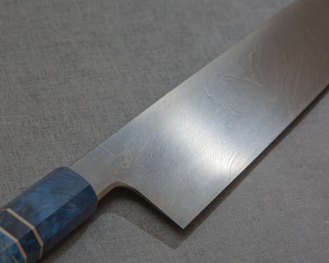 Shoichi Hashimoto "Tobikumo" Aogami #2 / Shirogami #2 Coreless Twisted Damascus 240mm Gyuto with Blue Stablized Wood Handle