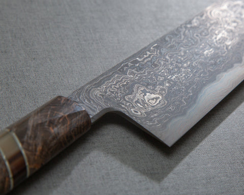 Shoichi Hashimoto Aogami #2 / Shirogami #2 Black Damascus 240mm Gyuto with Eternal Woodgrain Handle