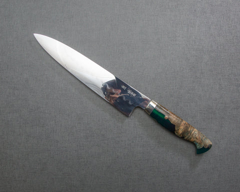 Yoshikazu Ikeda Mizu-Honyaki Shirogami #1 Ripple Mirror 240mm Gyuto with Stabilized Wood / Polished Emerald Acrylic Handle