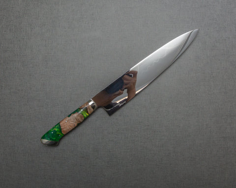 Yoshikazu Ikeda / Sakai Hokushin Honyaki Shirogami #3 Ripple Mirror 240mm Gyuto with Stabilized Wood / Polished Lime Green Acrylic Handle