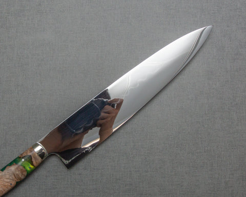 Yoshikazu Ikeda / Sakai Hokushin Honyaki Shirogami #3 Ripple Mirror 240mm Gyuto with Stabilized Wood / Polished Lime Green Acrylic Handle