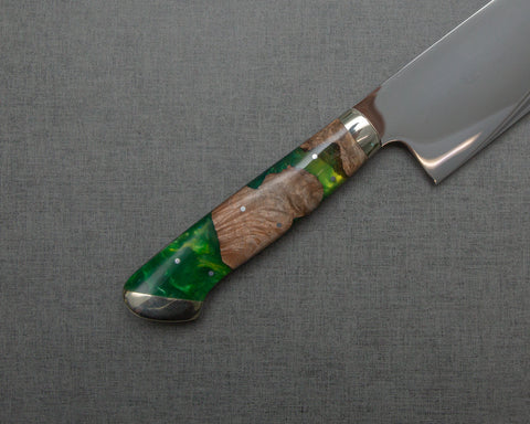 Yoshikazu Ikeda / Sakai Hokushin Honyaki Shirogami #3 Ripple Mirror 240mm Gyuto with Stabilized Wood / Polished Lime Green Acrylic Handle