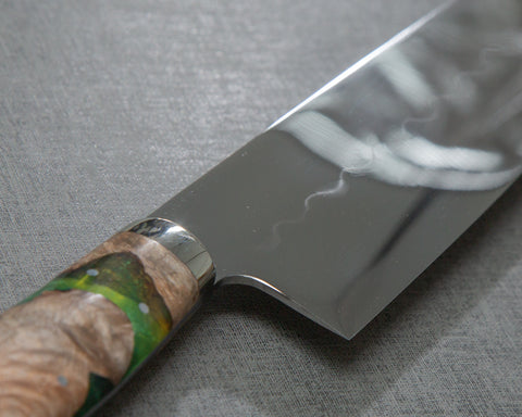 Yoshikazu Ikeda / Sakai Hokushin Honyaki Shirogami #3 Ripple Mirror 240mm Gyuto with Stabilized Wood / Polished Lime Green Acrylic Handle