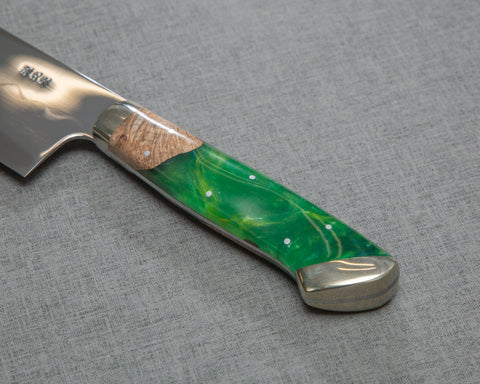 Yoshikazu Ikeda / Sakai Hokushin Honyaki Shirogami #3 Ripple Mirror 240mm Gyuto with Stabilized Wood / Polished Lime Green Acrylic Handle