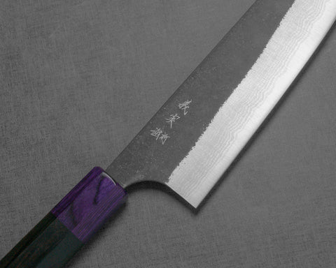 Yoshimi Kato Aogami Super Nashiji Kurouchi 180mm Bunka with Violet Pakkawood Handle