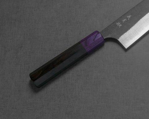 Yoshimi Kato Aogami Super Nashiji Kurouchi 180mm Bunka with Violet Pakkawood Handle