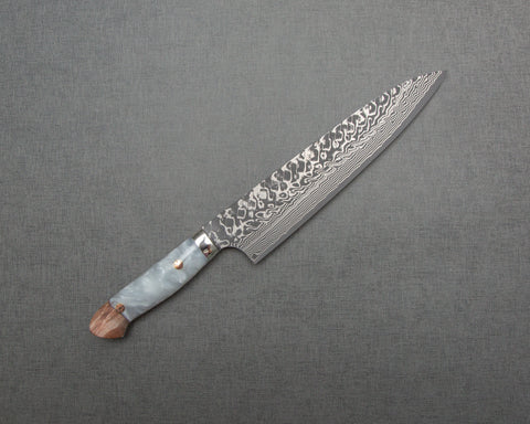 Yoshimi Kato R2/SG2 Black Damascus 210mm Gyuto with Stabilized Wood / Polished White Marble Acrylic Handle