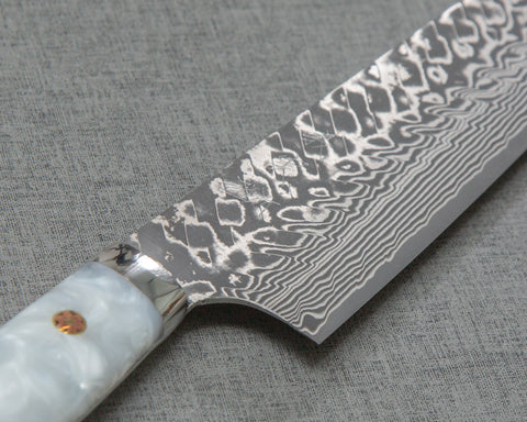 Yoshimi Kato R2/SG2 Black Damascus 210mm Gyuto with Stabilized Wood / Polished White Marble Acrylic Handle