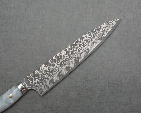 Yoshimi Kato R2/SG2 Black Damascus 210mm Gyuto with Stabilized Wood / Polished White Marble Acrylic Handle