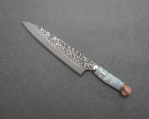 Yoshimi Kato R2/SG2 Black Damascus 210mm Gyuto with Stabilized Wood / Polished White Marble Acrylic Handle