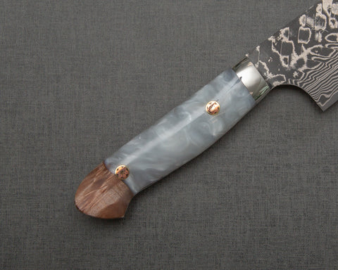 Yoshimi Kato R2/SG2 Black Damascus 210mm Gyuto with Stabilized Wood / Polished White Marble Acrylic Handle
