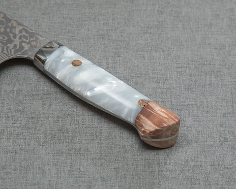 Yoshimi Kato R2/SG2 Black Damascus 210mm Gyuto with Stabilized Wood / Polished White Marble Acrylic Handle
