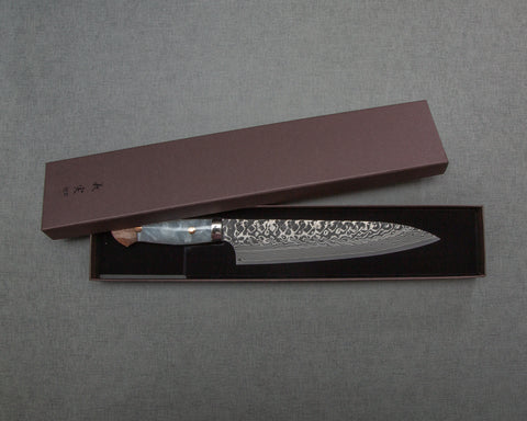 Yoshimi Kato R2/SG2 Black Damascus 210mm Gyuto with Stabilized Wood / Polished White Marble Acrylic Handle
