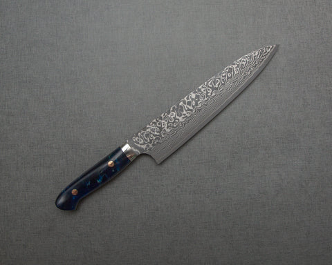Yoshimi Kato R2/SG2 Black Damascus 210mm Gyuto with Polished Navy Acrylic Handle