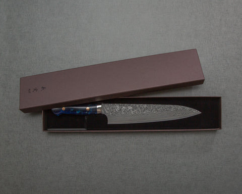 Yoshimi Kato R2/SG2 Black Damascus 210mm Gyuto with Polished Navy Acrylic Handle