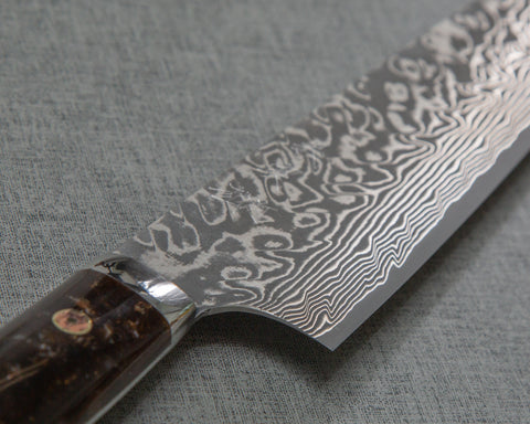 Yoshimi Kato R2/SG2 Black Damascus 210mm Gyuto with Polished Emperador Umber Acrylic Handle