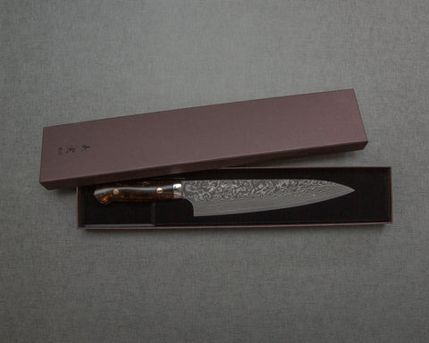 Yoshimi Kato R2/SG2 Black Damascus 210mm Gyuto with Polished Emperador Umber Acrylic Handle