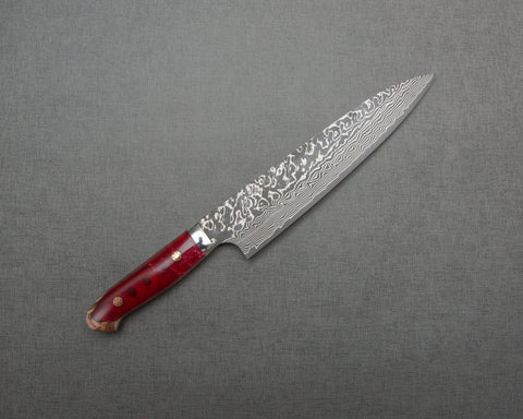 Yoshimi Kato R2/SG2 Black Damascus 210mm Gyuto with Stabilized Wood / Polished Ruby Acrylic Handle