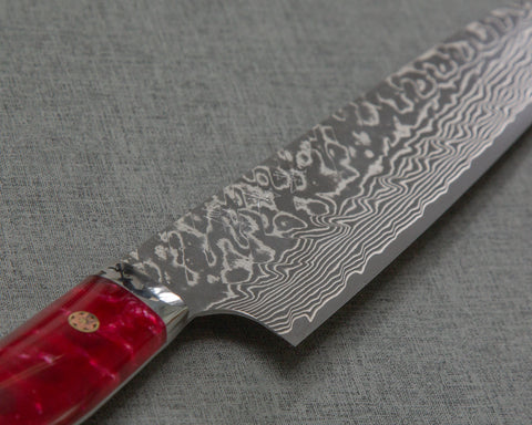 Yoshimi Kato R2/SG2 Black Damascus 210mm Gyuto with Stabilized Wood / Polished Ruby Acrylic Handle