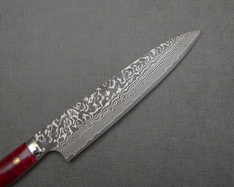 Yoshimi Kato R2/SG2 Black Damascus 210mm Gyuto with Stabilized Wood / Polished Ruby Acrylic Handle