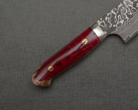 Yoshimi Kato R2/SG2 Black Damascus 210mm Gyuto with Stabilized Wood / Polished Ruby Acrylic Handle