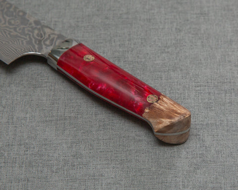Yoshimi Kato R2/SG2 Black Damascus 210mm Gyuto with Stabilized Wood / Polished Ruby Acrylic Handle